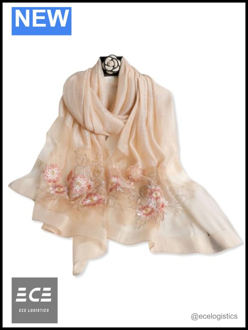 Silk Wool Chiffon Scarf Ginkgo Embroidery Tulle Lightweight Long Shawl Wrap